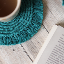 Load image into Gallery viewer, Handmade Macrame Teal Coasters - Set of 2
