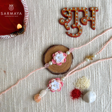 Load image into Gallery viewer, Handmade Peach Crochet Floral Rakhi
