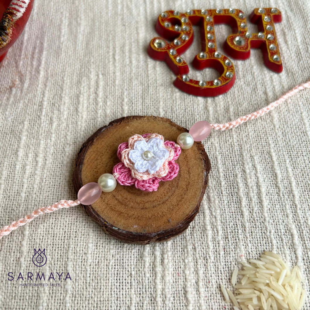 Handmade Peach Crochet Floral Rakhi