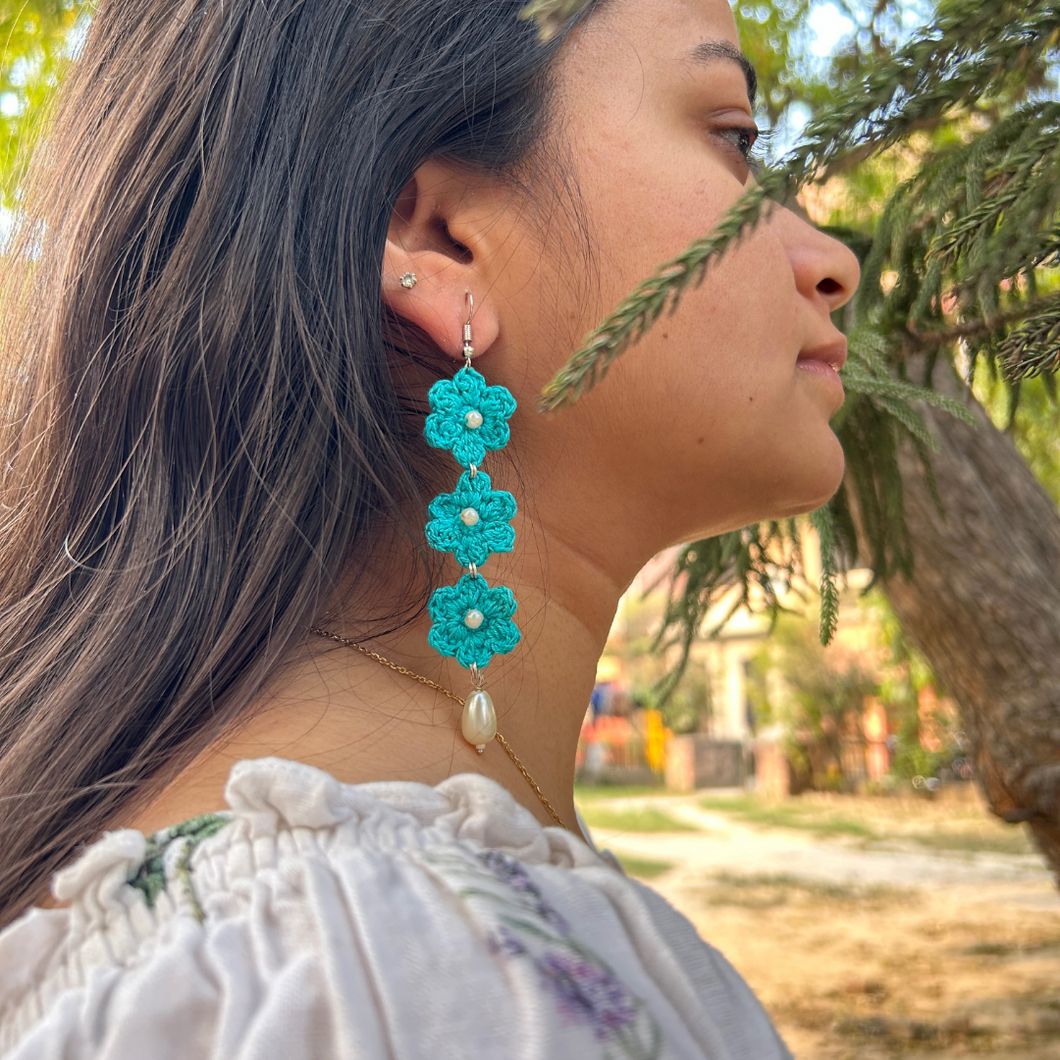 Teal Floral Fairytale Crochet Handmade Earrings