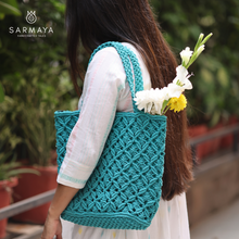 Load image into Gallery viewer, Teal Macrame Tote Bag
