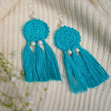 Load image into Gallery viewer, Teal Mandala handmade crochet earrings
