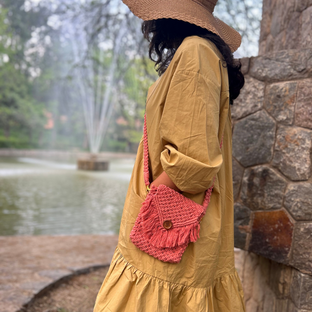 Peach Macrame Mobile Sling Bag